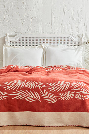 Karaca Home Leaf Double Cotton Blanket Terracota