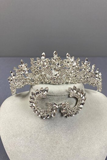 Hobigram Silver Color Selur Leaf Model Bridal Crown and Round Earring Set – Crown, Crystal Stone, Stylish Model –