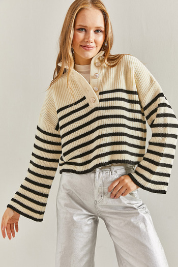 Bianco Lucci Women's Buttoned Collar Striped Knitwear Sweater