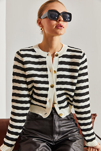 Bianco Lucci Women's Buttoned Side Braided Striped Knitwear Cardigan