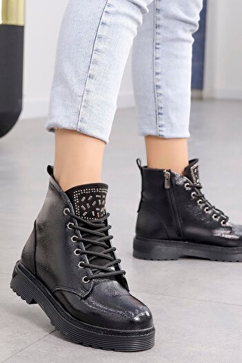 Mamito Ayakkabı Fls 03-207 Stone Detailed Boots-μαύρο λουστρίνι