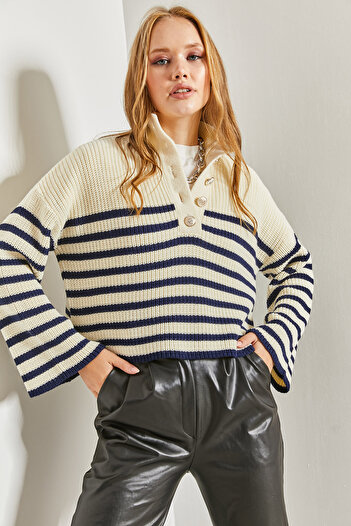 Bianco Lucci Women's Buttoned Collar Striped Knitwear Sweater