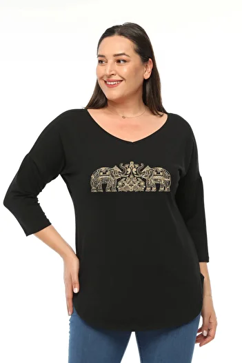 Curvy Trend Plus Size Elephant Embroidered Printed Wide V-neck Half Sleeve Oval Slit Blouse