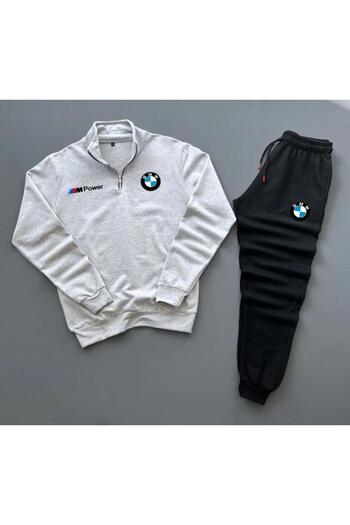NewCabin Half Zipper BMW Printed Cotton Gray Sweat & Cotton Black Sweatpants Set, Top and Bottom, 2-Piece