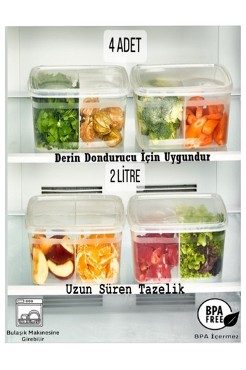 Bayev 4 Pieces Duo Transparent 2 LT Refrigerator Storage Container 2 Compartments - Suitable for Deep Freezer