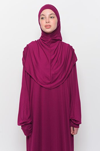 Altobeh Practical One-Piece Cotton Bat Sleeve Attachable Organic Prayer Dress with Headscarf Dark Fuchsia