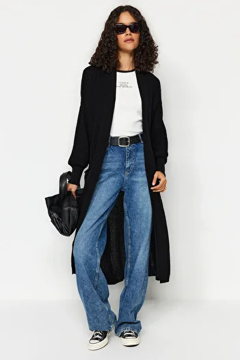 Trendyol Collection Černý úplet Maxi Basic Cardigan