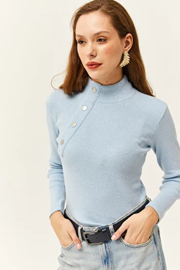 Olalook Women's Baby Blue Button Detailed Half Fisherman Lycra Blouse BLZ-19001608