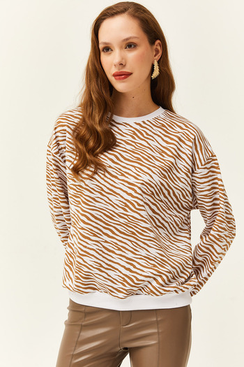 Olalook Women's Zebra Brown Basic Soft Textured Loose Sweatshirt SWT-19000457