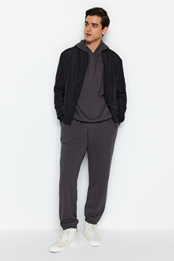 Trendyol Collection Anthracite Regular Cut Hooded Ζεστό Φούτερ Φόρμα TMNAW24EM00002