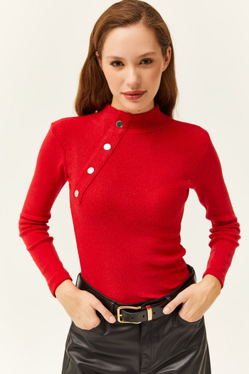 Olalook Women's Red Button Detailed Half Fisherman Lycra Blouse BLZ-19001608