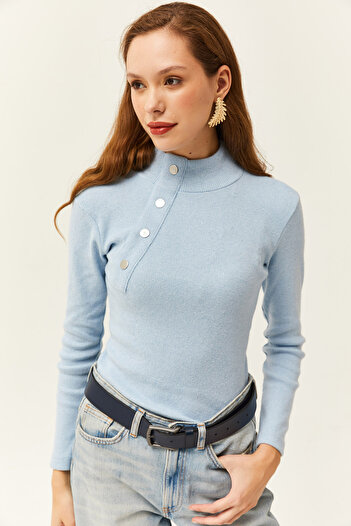 Olalook Women's Baby Blue Button Detailed Half Fisherman Lycra Blouse BLZ-19001608