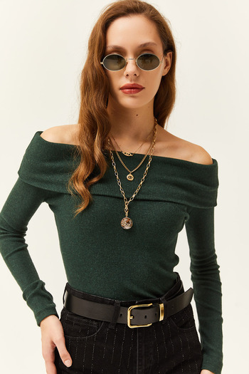 Olalook Női smaragdzöld Madonna gallérral kapucnis camisole blúz BLZ-19000615