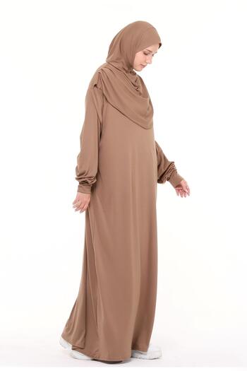 Altobeh Practical One-Piece Cotton Bat Sleeve Attachable Organic Prayer Dress with Headscarf Milk Coffee