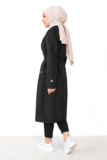 Aşkı Endam Large Size Sitara Water Repellent Button Detailed Lined Trench - Black