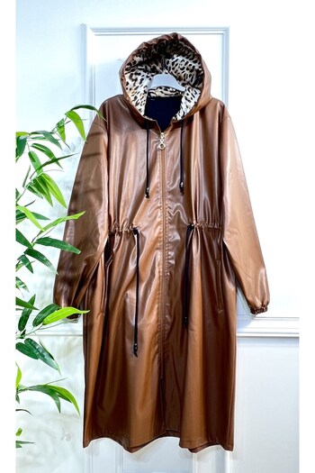 Aşkı Endam Plus Size Benna Gathered Waist Hooded Medium Length Leather Trench - Tan