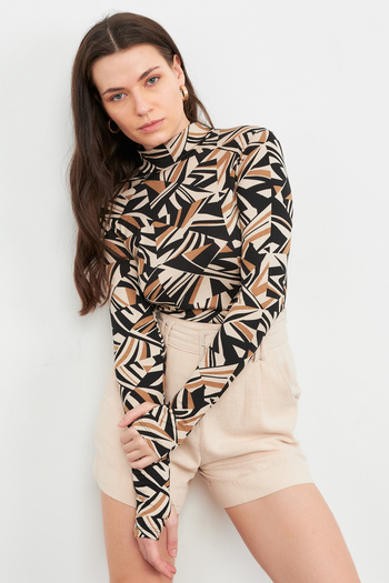 Bipantolon Women's Brown Black Triangle Pyramid Patterned Finger Detailed Bodysuit
