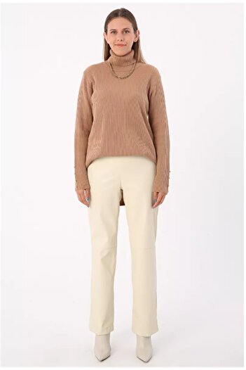 SYG Stitching Detailed Leather Trousers 77066 Ecru