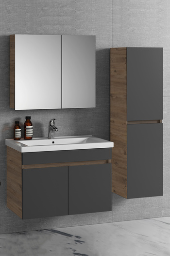 ÖZCEDEN Çiğdem 80+35 cm Atlantik Çam-Antrasit Gri Mat MDF Seramik Lavabolu Asma Banyo Dolabı Takımı