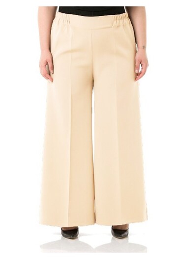 Aşkı Endam Large Size Mayra Side Pocket Dumbbell Crepe Wide Leg Trousers - Stone