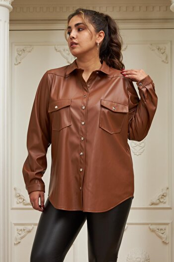 RMG Plus Size Camel Leather Shirt