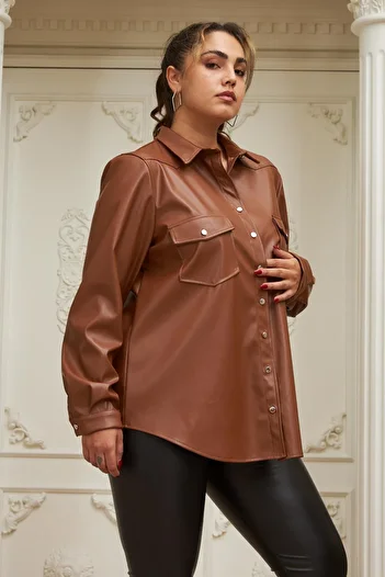 RMG Plus Size Camel Leather Shirt