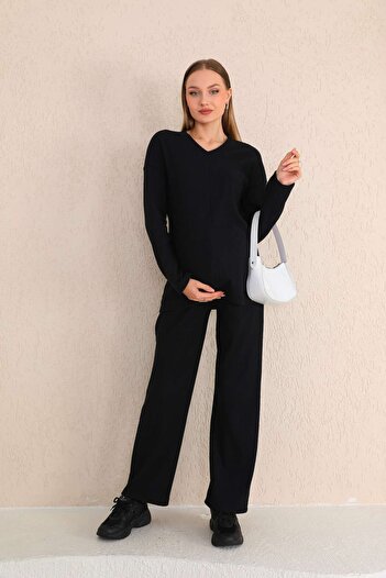 Miss Dünya Lissa Pregnant Tracksuit Set - Black V-Neck, Soft Fabric
