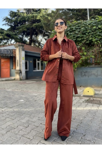 soBasic Tile Shirt Collar Pocket Snap Closure Corduroy Double Set
