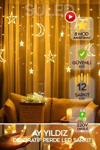 SULED Sl-1037 Ay Yıldız Perde Led 8 Mod Saçaklı Perde Peri Mutfak Işık Dekoratif Lamba Led Işık