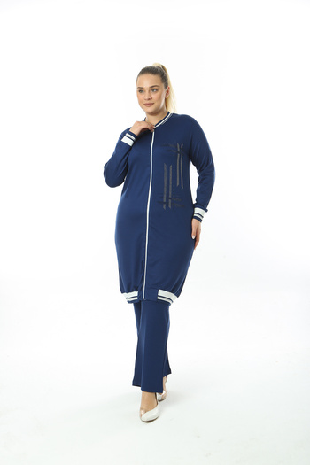 XL Modam WOMEN'S SHARP SIZE SLEEVE AND SKIRT STRIPED STONE PRINTED TWO IP CRYSTAL NAVY BLUE SET