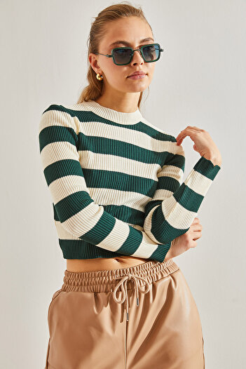 Bianco Lucci Women's Striped Half Turtleneck Crop Knitwear Blouse