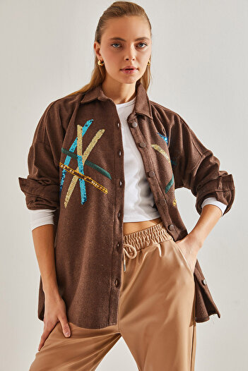 Bianco Lucci Women's Sequin Pallet Embroidered Stamp Shirt