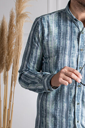 Sarar İnterview Sarar Goias Yaka Düğmeli Desenli Slim Fit Yeşil Gömlek