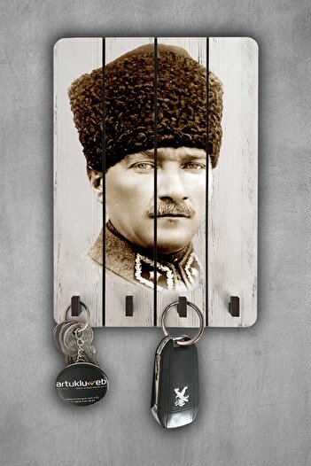 beedene Ataturk Wooden White Decorative Painting - Modern Keychain Key Holder
