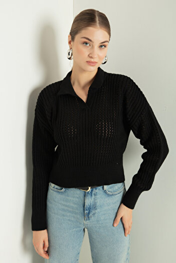 Lafaba Women's Black Polo Neck Openwork/Hole Knitwear Sweater