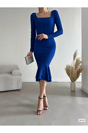 Esinty Rochie de damă cu decolteu în U, cu nasturi și volane, din țesătură creponată importată (colorată)