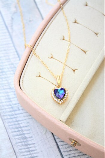 Neva GOLD PLATED FORCE CHAIN NIGHT BLUE COLOR ZIRCON STONE HEART MOTIF NECKLACE