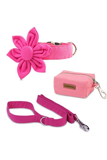 Lusi Doog Pink Floral Dog Collar, Dog Travel Strap and Dog Poop Bag Set