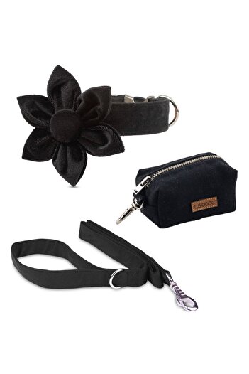 Lusi Doog Black Floral Velvet - Dog Collar, Travel Strap and Poop Bag Set