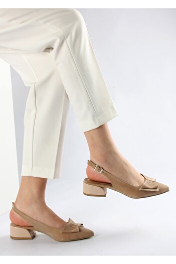 FORS SHOES Women's Beige Suede Bow Open Back Short Heeled Shoes 3.5 cm