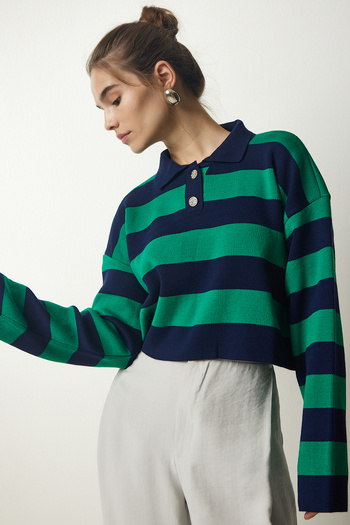 Happiness İstanbul Women's Navy Blue Green Stylish Buttoned Lapel Striped Crop Knitwear Sweater BV00115