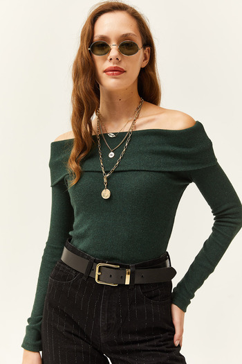 Olalook Női smaragdzöld Madonna gallérral kapucnis camisole blúz BLZ-19000615