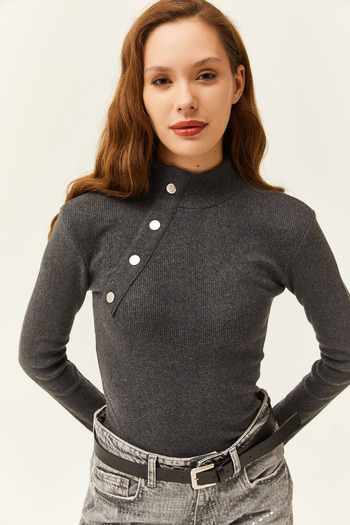 Olalook Women's Anthracite Button Detailed Half Fisherman Lycra Blouse BLZ-19001608
