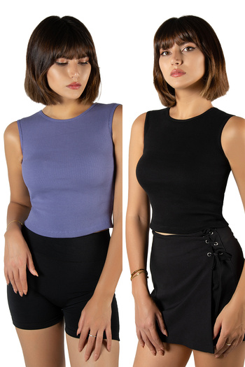 Terapi Men Pack of 2 Purple Black Fitted Crop Halter Neck Ribbed Stretch Knitted Blouse Athlete