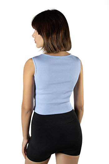 ADEGO 2'li Paket Mavi Krem Fitted/Vücuda Oturan Crop Halter Yaka Fitilli Esnek Örme Bluz Atlet