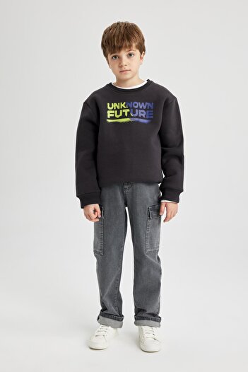 DeFacto Boy's Crew Neck Printed Thick Sweatshirt