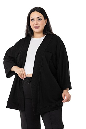 DISENTIS MODEST Large Size Three-Quarter Sleeve Oversize Pocket Three-Thread Black Cardigan