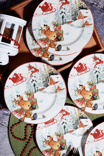 Porselen Diyarı New Year's Pattern Special Design 6-Piece Sled Gift Digital Printing Cake Plate 20 Cm