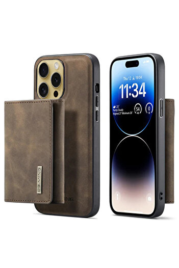 Merwish Apple Iphone 14 Uyumlu Deri (suni) Manyetik Ayrılabilen Cüzdanlı Arka Kapak Kılıf Koyu Kahve