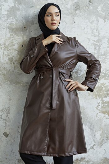 InStyle Darina Belted Leather Trench - Bitter Brown